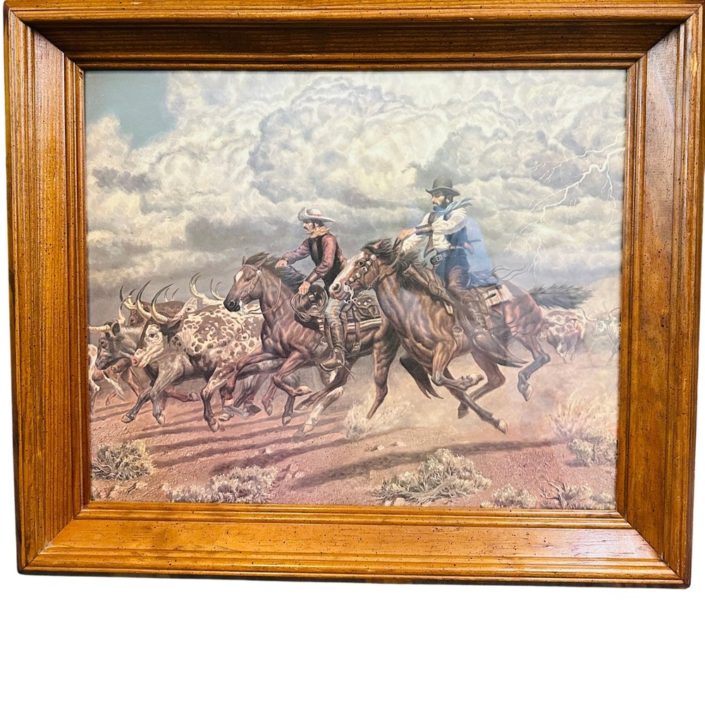 Vintage Western Cowboy Cattle Drive Lightning Storm Framed Art Print 19x16.5